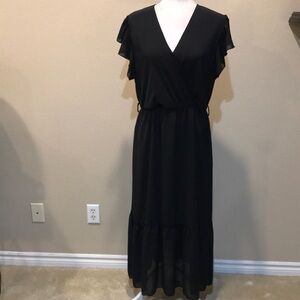Black Flutter Sleeve Sheer V-Neck Layered Hem Maxi Dress with Lining-Size L